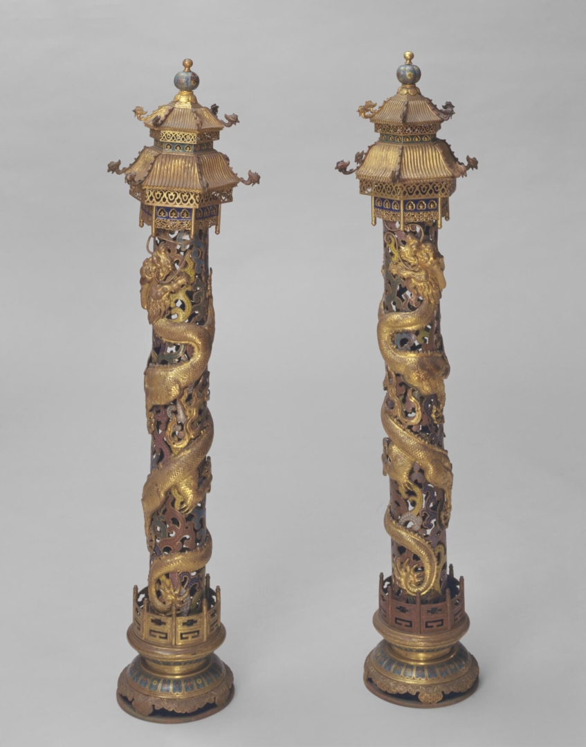 Cylindrical Censer with <br />
Coiled Dragon and Openwork <br />
Cloisonné Enamel Delineated Lotus Design