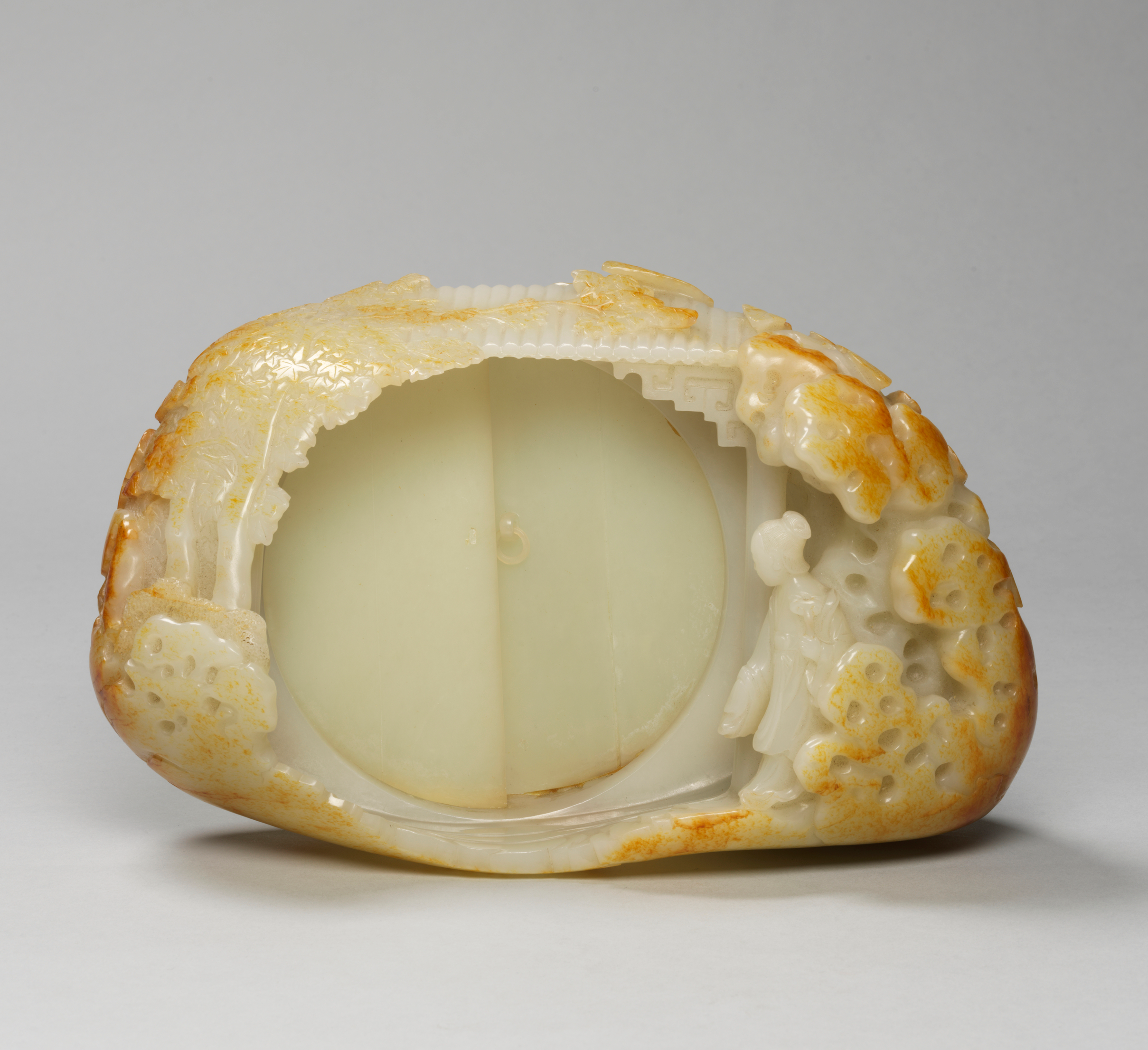 White Jade Boulder Carved with a Lady beneath Paulownia Shade, Qianlong Mark